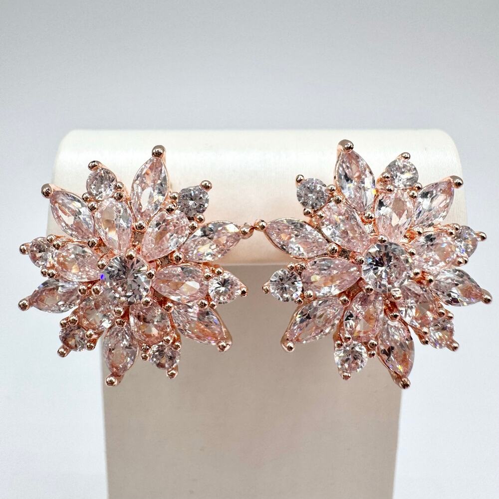 Bridal Cubic Zirconia Flower Stud Earrings Rose Gold Tone Starburst Snowflake